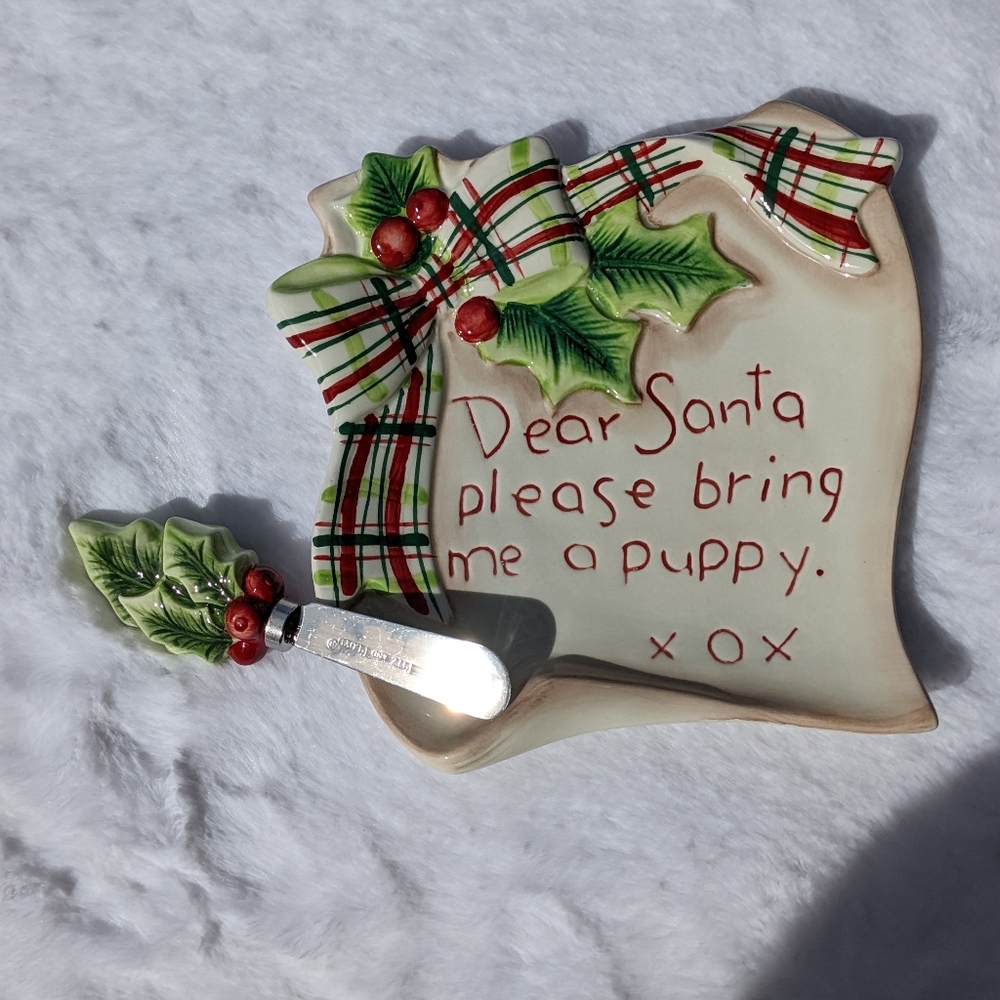 Fitz & Floyd Dear Santa Please Bring Me A Puppy Snack Plate & Spreader Christmas